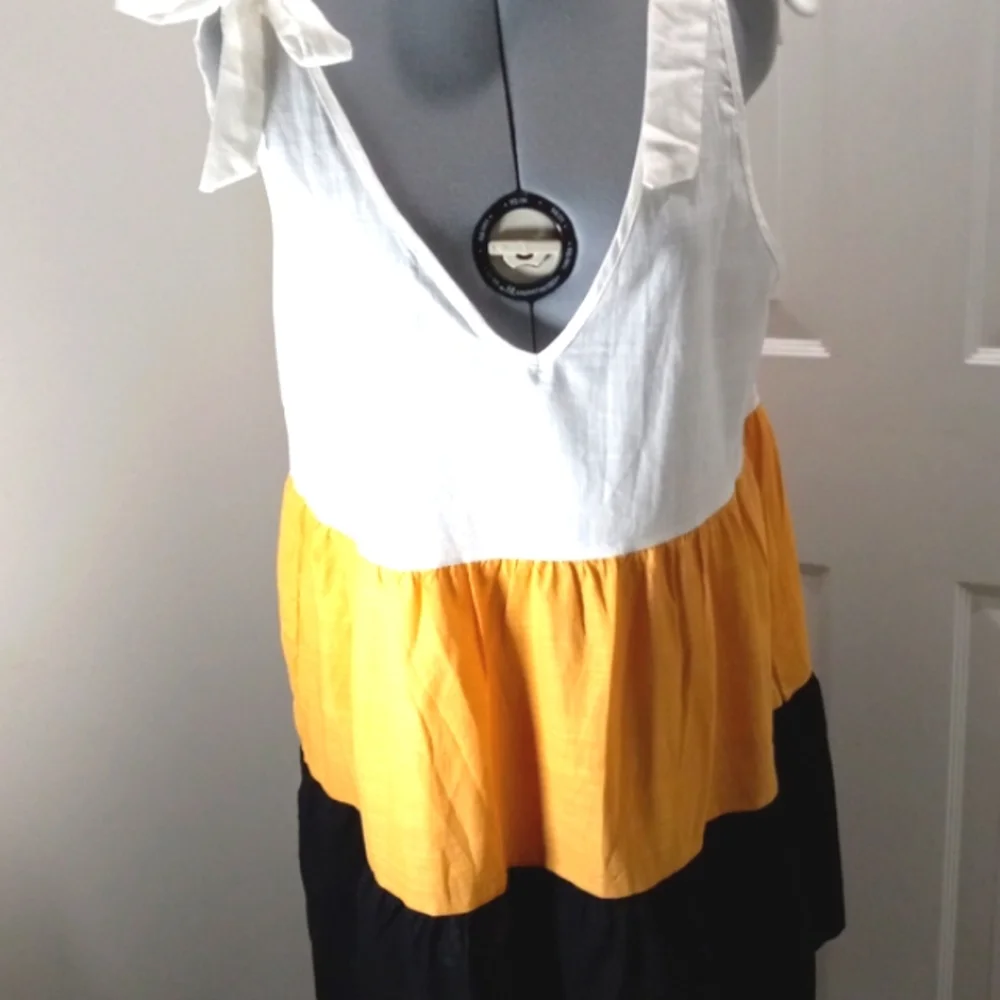 Summer Dress Sz Med, Cream/Yellow/Black 3 Tiered ruffles midi yk2 - Picture 1 of 4